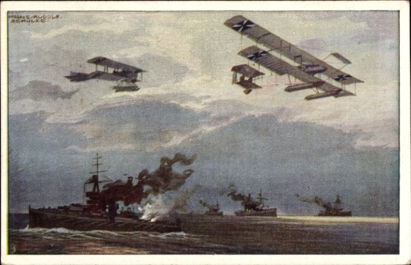 Artist Postcard Schulze, Hans Rudolf, Seaplanes over the English fleet, I. WK