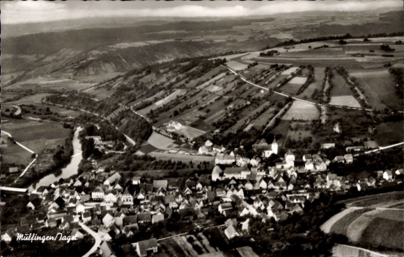 Ak Mulfingen an der Jagst Hohenlohekreis, Luftaufnahme von  Fluss, Felder, Häuser, Landschaft