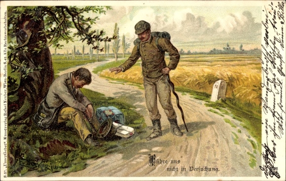 Kunstenaar litho Döcker, E., Leid ons niet in verleiding, zwerver