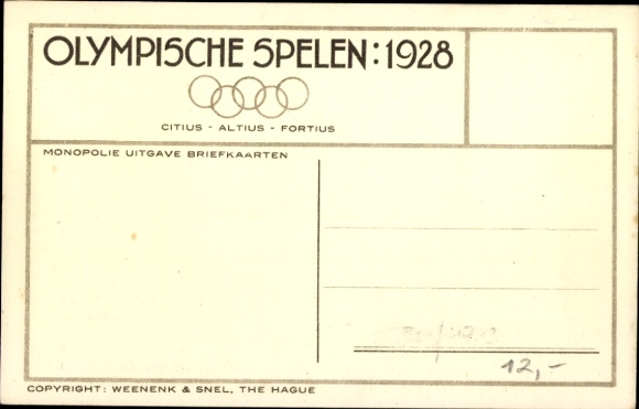 Postcard Amsterdam, 1e Ball, 2e Barbutte, 3e Storz, 400 meter demi final, Olympics 1928