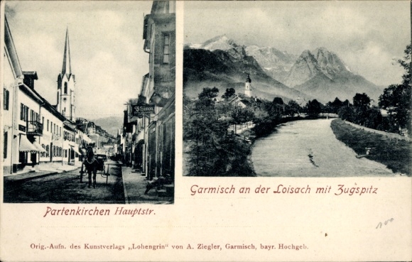 Postcard Garmisch Partenkirchen in Upper Bavaria, main street, Loisach with Zugspitze