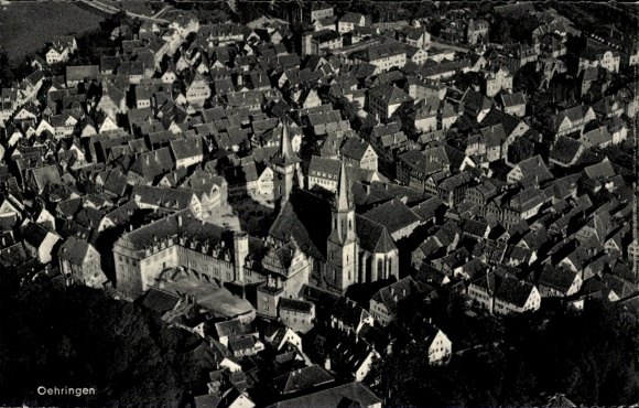 Postcard Oehringen Öhringen in the Hohenlohekreis Württemberg, aerial view of the city many roofs, church