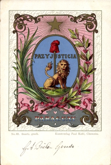 Coat of arms Chromo-Litho Paraguay, Peace and Justice, Lion, Art Publisher Paul Kohl Chemnitz No. 63