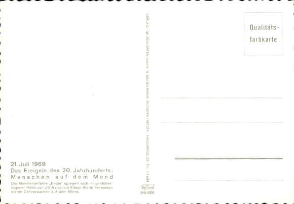 Postcard US astronaut Edwin Aldrin, moon landing July 21, 1969, first steps, lunar module Eagle