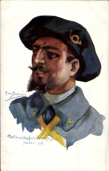 Kunstenaarskaart Dupuis, Emil, Hartmanskopfweiler, soldaat in uniform, posthoorn