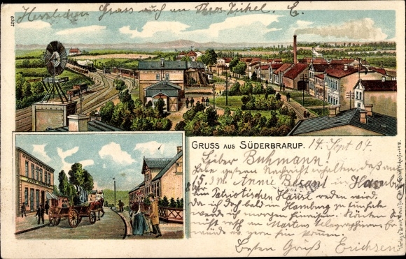litho Süderbrarup in Sleeswijk-Holstein, totaalaanzicht, windmolen, straatgedeelte, treinstation