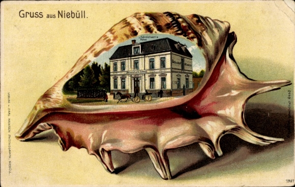 Embossed shell litho Niebüll in North Frisia, hotel, carriage