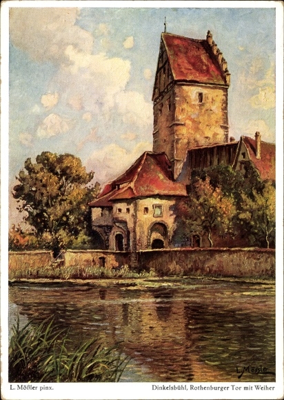 Artist PC Mößler, L., Dinkelsbühl, Rothenburger Tor, pond