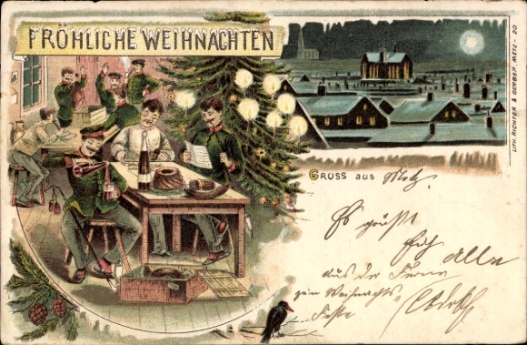 Chromo-Litho Merry Christmas, Christmas tree, soldiers celebrating