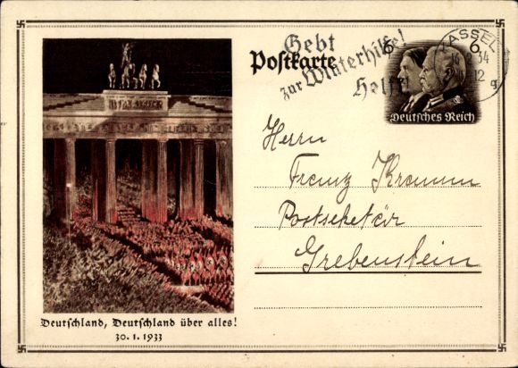 Ganzsachen Ak Berlin, Deutschland über alles, Aufmarsch 30. Januar 1933, Brandenburger Tor