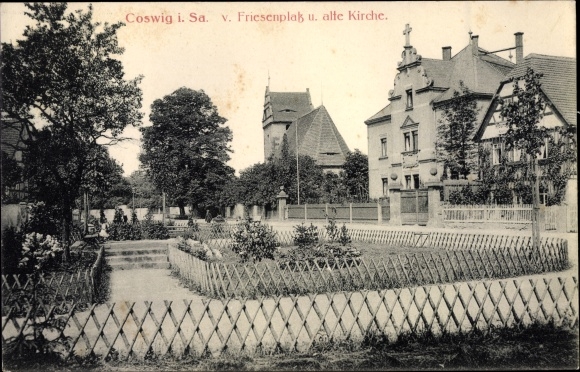 Postcard Coswig in Saxony, Friesenplatz, old church