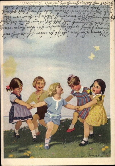 Artist PC Jüttner, W., victory of quality, advertising Indanthren textiles, children dancing