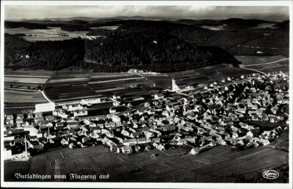 Postcard Burladingen in the Swabian Alb, aerial view of many roofs, landscape in the background