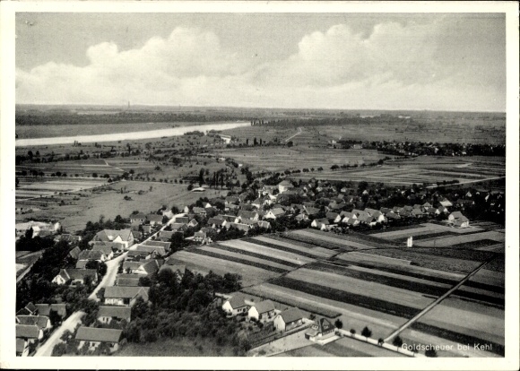 Postcard Goldscheuer Kehl am Rhein, landscape view, fields, houses, river, clouds