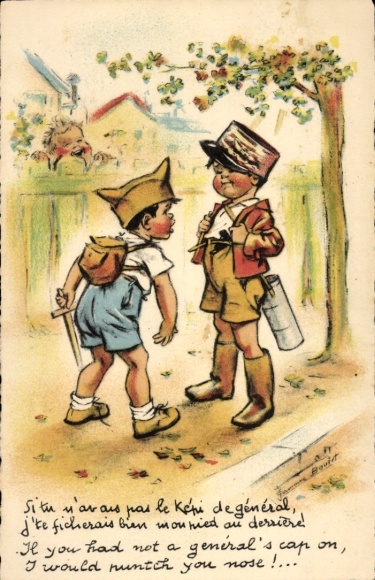Artist Postcard Bouret, Germaine, two boys playing soldiers