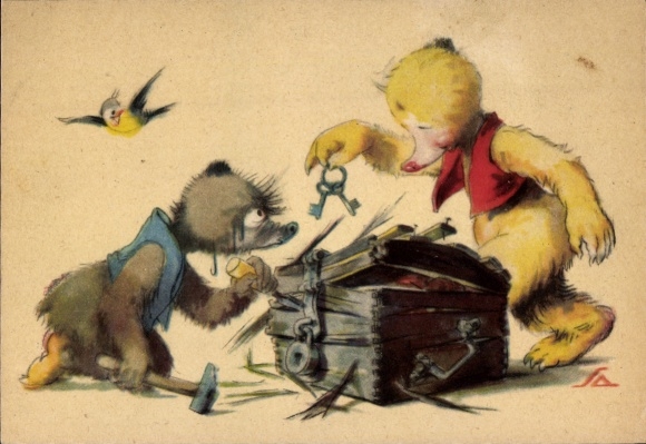 Artist Postcard Salac, AL, Two Bears, Treasure Chest, Key