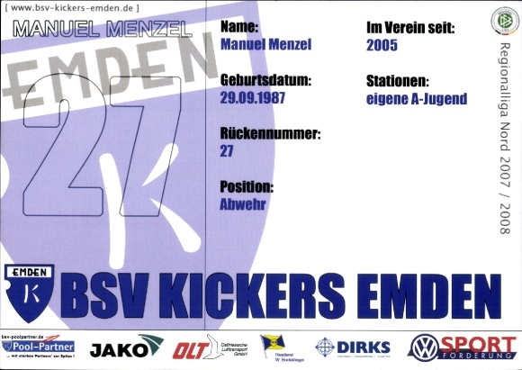 Karta z autografem piłkarza Manuela Menzela, BSV Kickers Emden, autograf