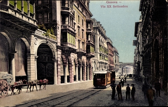 Postcard Genova Liguria, Via XX Settembre, tram, alley, horse cart