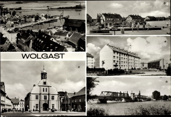 Ak Wolgast w Meklemburgii-Pomorzu Przednim, port, ratusz, fontanna, Peene, most