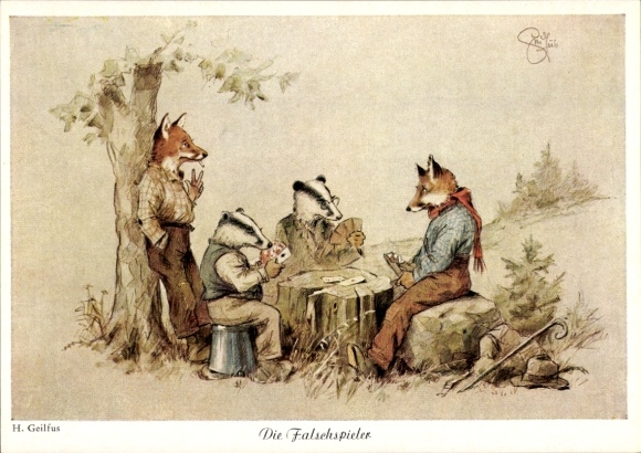 Artist Postcard Geilfus, H., Foxes and badgers playing cards