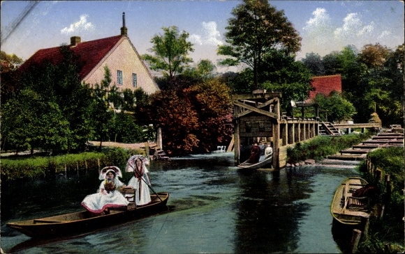 Postcard Spreewald, lock Kannomühle, folk costumes, Spreewald barge
