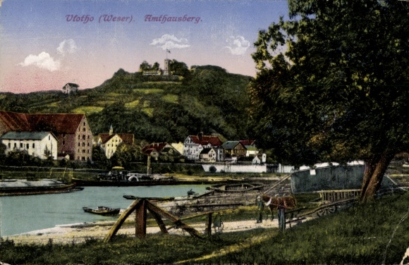 Postcard Vlotho on the Weser, Vlotho (Weser), Amthausberg, idyllic landscape, river, buildings, boats