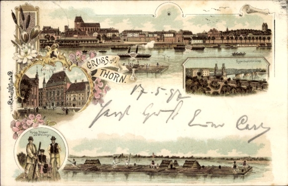 Litho Toruń Thorn Westpreußen, Russische Flößer, Eisenbahnbrücke, Artushof