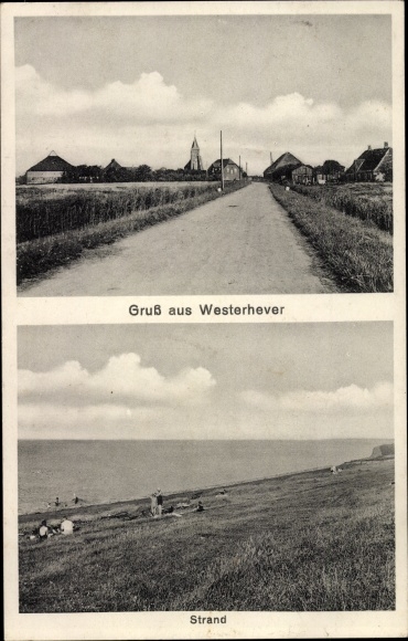 Ak Westerhever Nordfriesland, strand, uitzicht op de stad