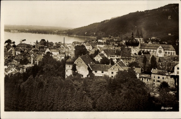 Postcard Bregenz on Lake Constance Vorarlberg, city view, Lake Constance, buildings, mountains in the background