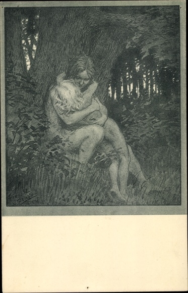 Art Nouveau artist Postcard Fidus, confession, woman with child, forest