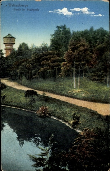 Wittenberge on the Elbe Prignitz, water tower, city park, path by the pond, trees, nature