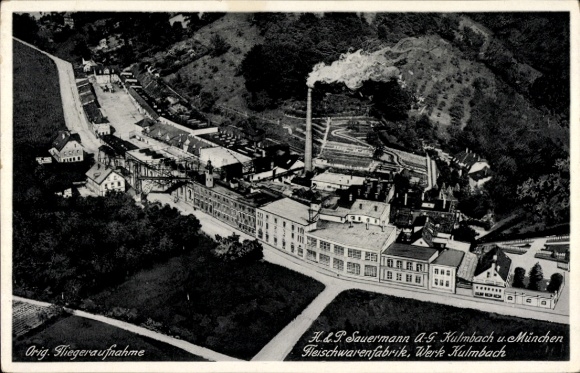 Postcard Kulmbach in Upper Franconia, aerial photograph, H. u. P. Sauermann A.-G., meat factory