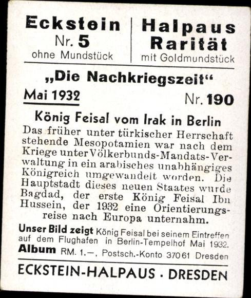 Collector's picture post-war period No. 190 May 1932 King Feisal of Iraq in Berlin, Tempelhof Airport