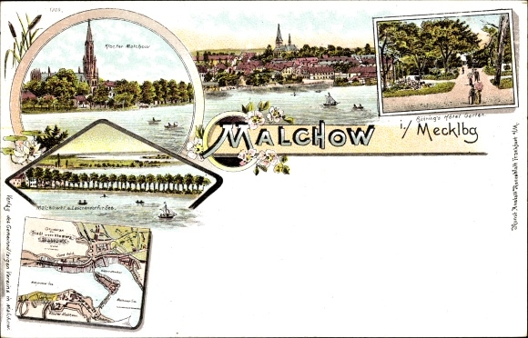 Litho Malchow in Mecklenburg, Kloster, Bühring's Hotel Garten, Laschendorfer See