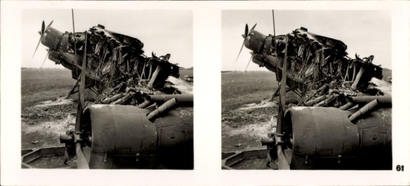 Stereo image photo "The Battle in the West" No. 61, destroyed fighter plane after German bombing raid