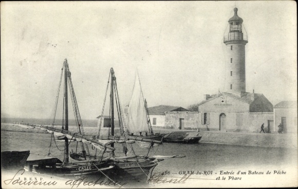 Postcard Le Grau du Roi Gard, fishing boats, lighthouse