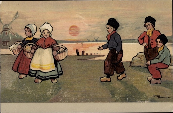 Artist Postcard Parkinson, Ethel, children in Dutch costume, windmill