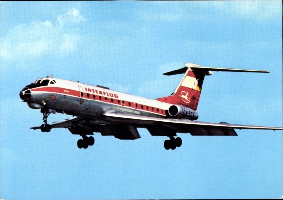 Postcard German passenger aircraft Tupolev TU-134 Interflug, turbine jet airliner