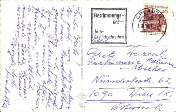 Postcard Opladen Leverkusen in the Rhineland, The picture shows a fountain with houses lying around it...
