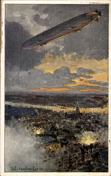 Kunstenaarskaart van Eckenbrecher, Themistocles, Zeppelin boven Antwerpen, slag, WOI