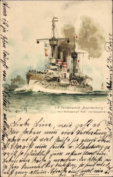 Kunstenaar litho Bohrdt, Hans, Duits oorlogsschip, SMS Brandenburg, Slagschip, Kiel