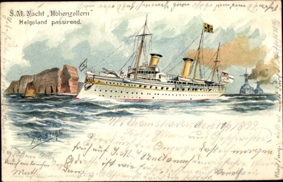 Kunstenaar in reliëf litho Siehl, JG, stoomboot SMY Hohenzollern, Helgoland