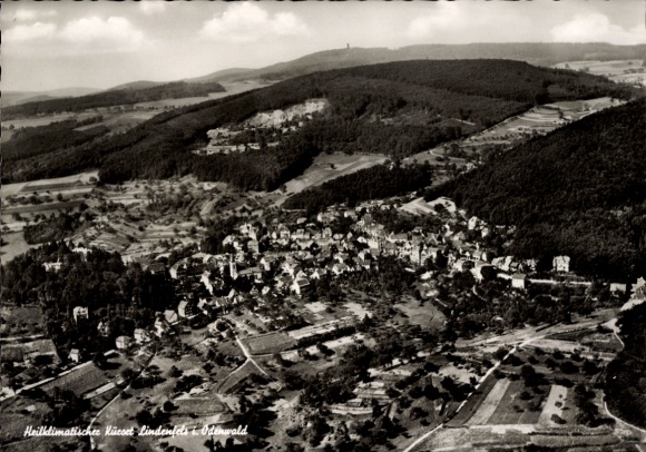 Postcard Lindenfels in the Odenwald, aerial photograph of Lindenfels, surrounding forests, 1955