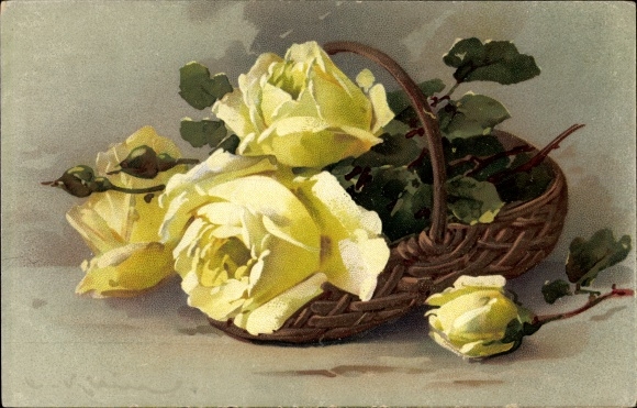Artist Chromo-Litho Klein, Catharina, Yellow Roses, Basket, Meissner &amp; Book 2456