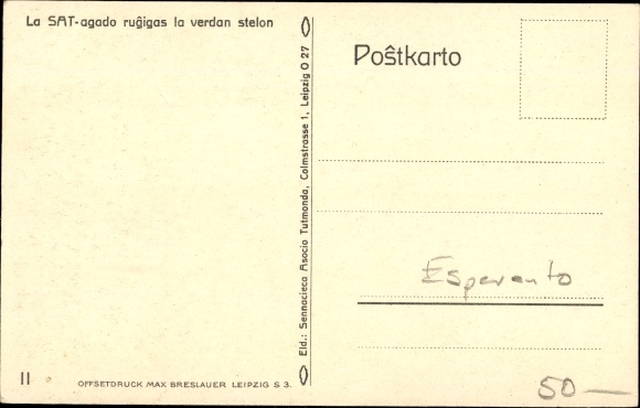 Artist Postcard Esperanto, La Sat agado rugigas la verdan stelon