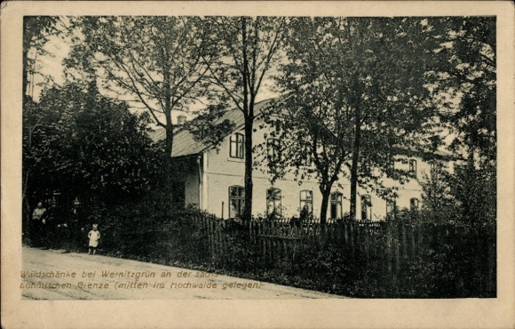 Postcard Wernitzgrün Erlbach in Vogtland, Waldschänke near building in the forest, children and trees