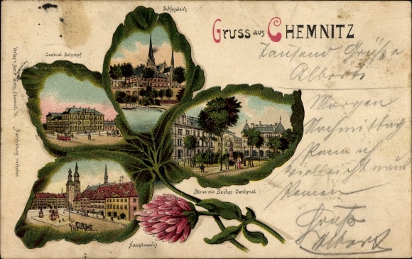 Cloverleaf Chromo-Litho Chemnitz in Saxony, train station, main market, stock exchange with Becker monument, castle pond