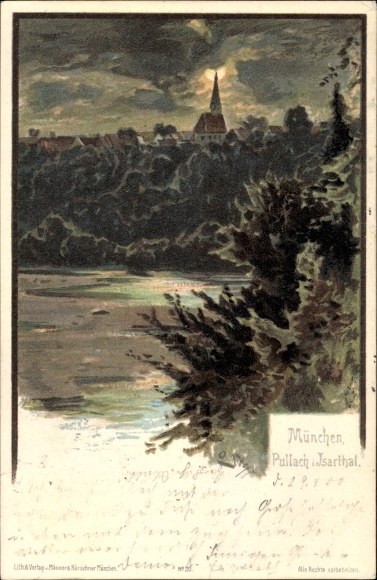 Artist Chromo-Litho Strützel, Otto, Pullach Isar Valley, Upper Bavaria, view of the village