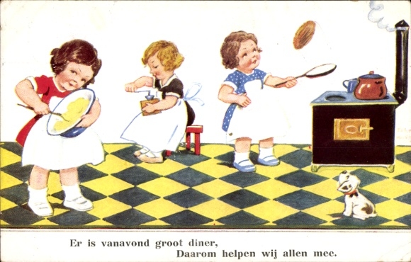 Artysta KP Wills, John, dziewczyna w kuchni, kuchenka, miska na ciasto, młynek do kawy
