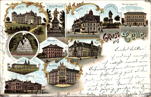 PC Celle in Lower Saxony, with eight views, e.g. war memorial, high school, higher regional court